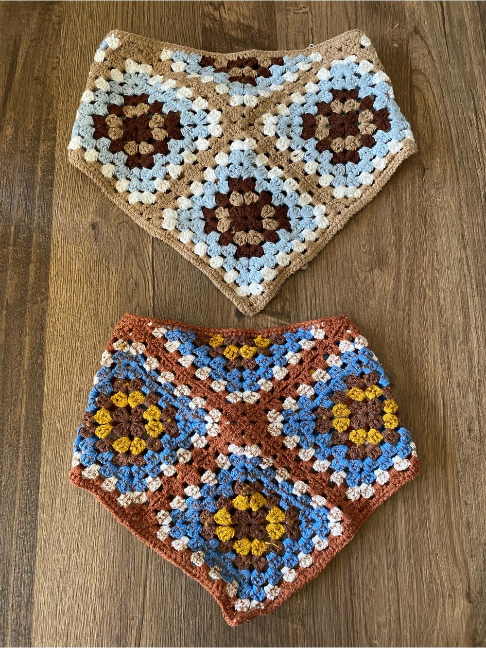 Handmade Granny Square Crochet Bandana Scarf Bibs in Blue, Brown & Mustard